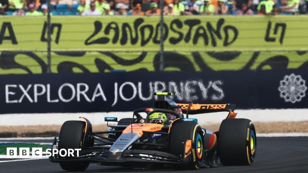 McLaren's Lando Norris in British Grand Prix second practice with the 'Lando stand' in the background