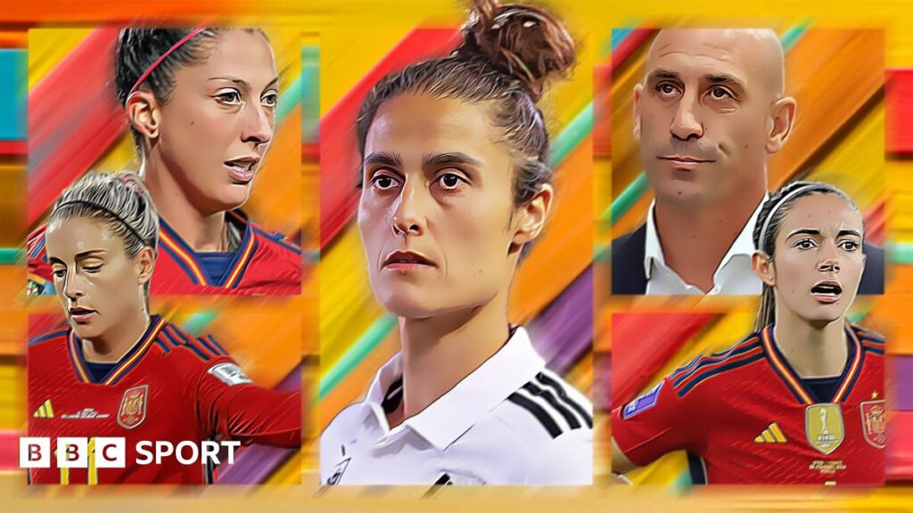 BBC graphic - Jenni Hermoso, Alexia Putellas, Montse Tome, Luis Rubiales, Aitana Bonmati