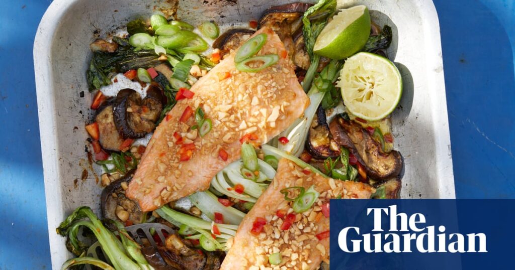 Rukmini Iyer’s quick and easy miso trout with aubergine, pak choi and peanuts – recipe | Summer food and drink