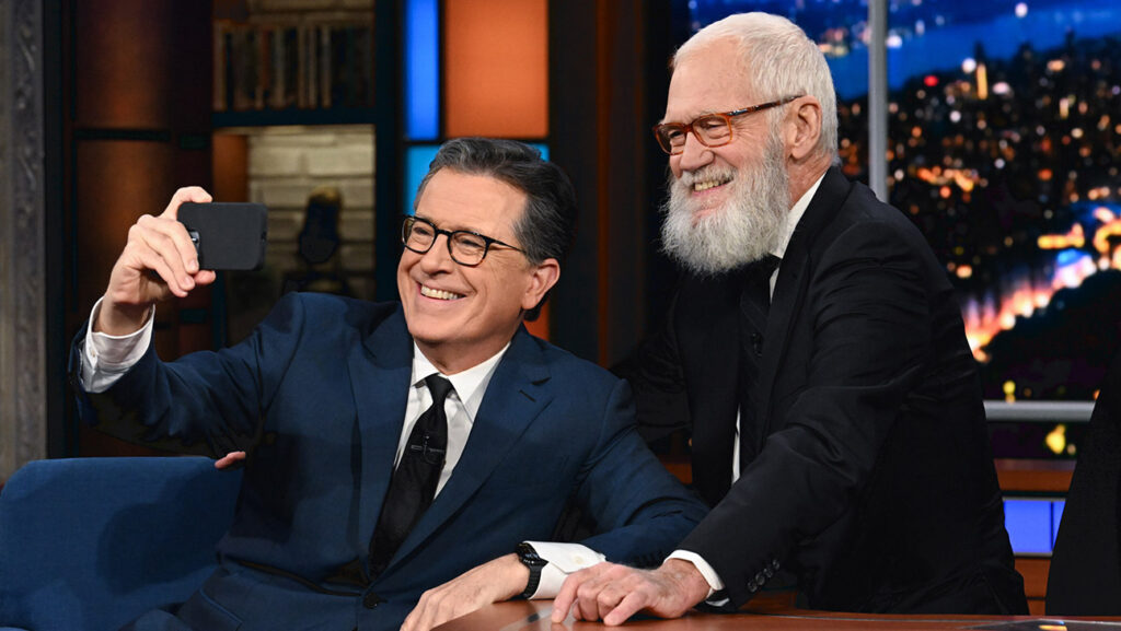 The Late Show with Stephen Colbert and guest David Letterman during Monday’s November 20, 2023 show.