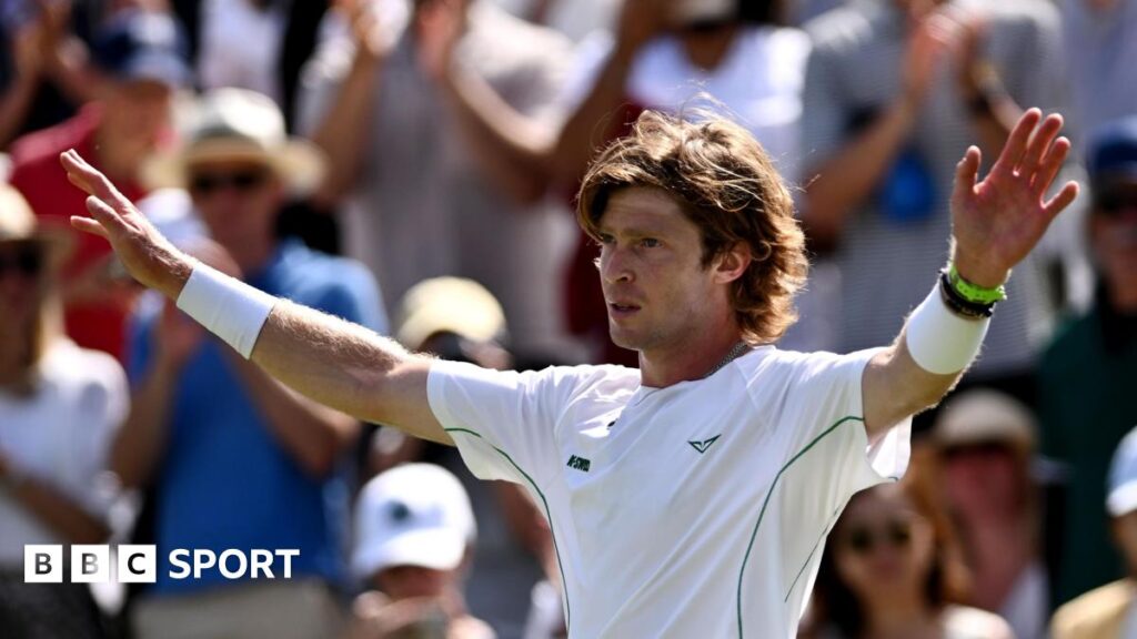 Andrey Rublev celebrates victory in round three at Wimbledon