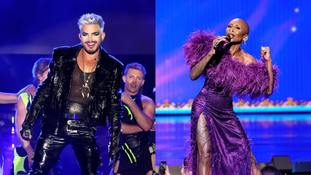 Adam Lambert and Cynthia Erivo separately performing onstage